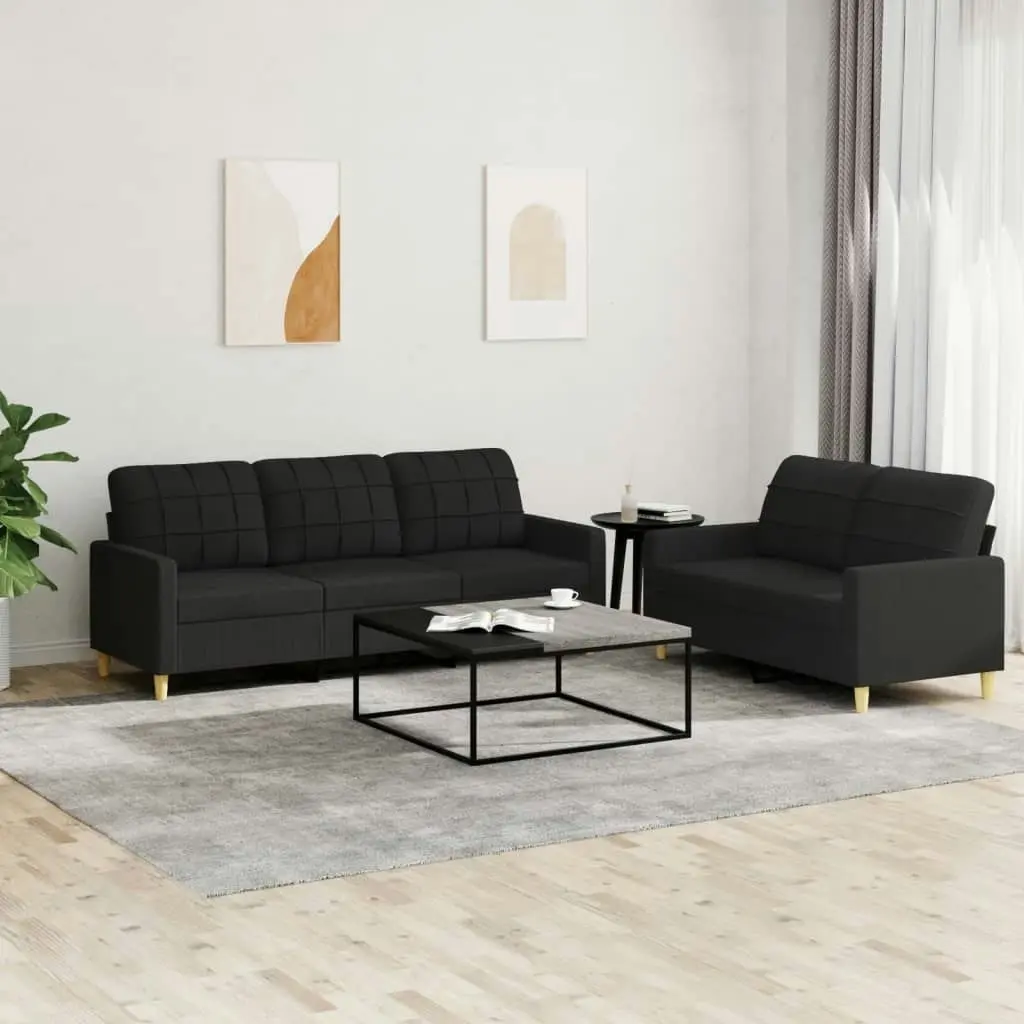 2 Piece Sofa Set with Cushions Black Fabric 3201310