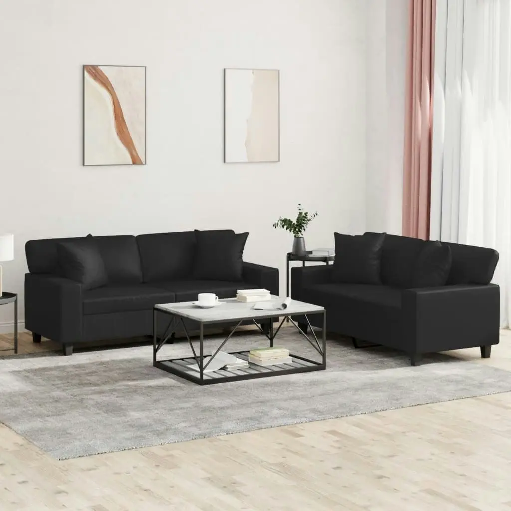 2 Piece Sofa Set with Pillows Black Faux Leather 3201924