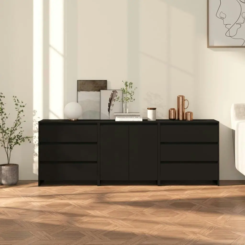 3 Piece Sideboard Black Engineered Wood 3098066