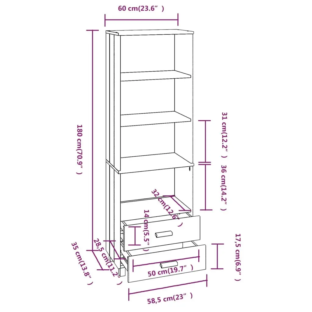 Highboard "HAMAR" Light Grey 60x35x180 cm Solid Wood Pine 340491