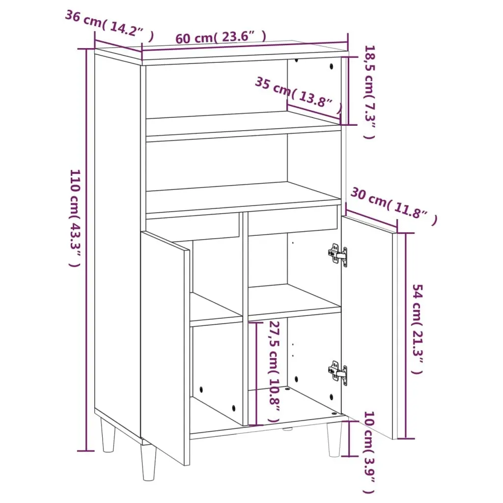 Highboard Brown Oak 60x36x110 cm Engineered Wood 821227