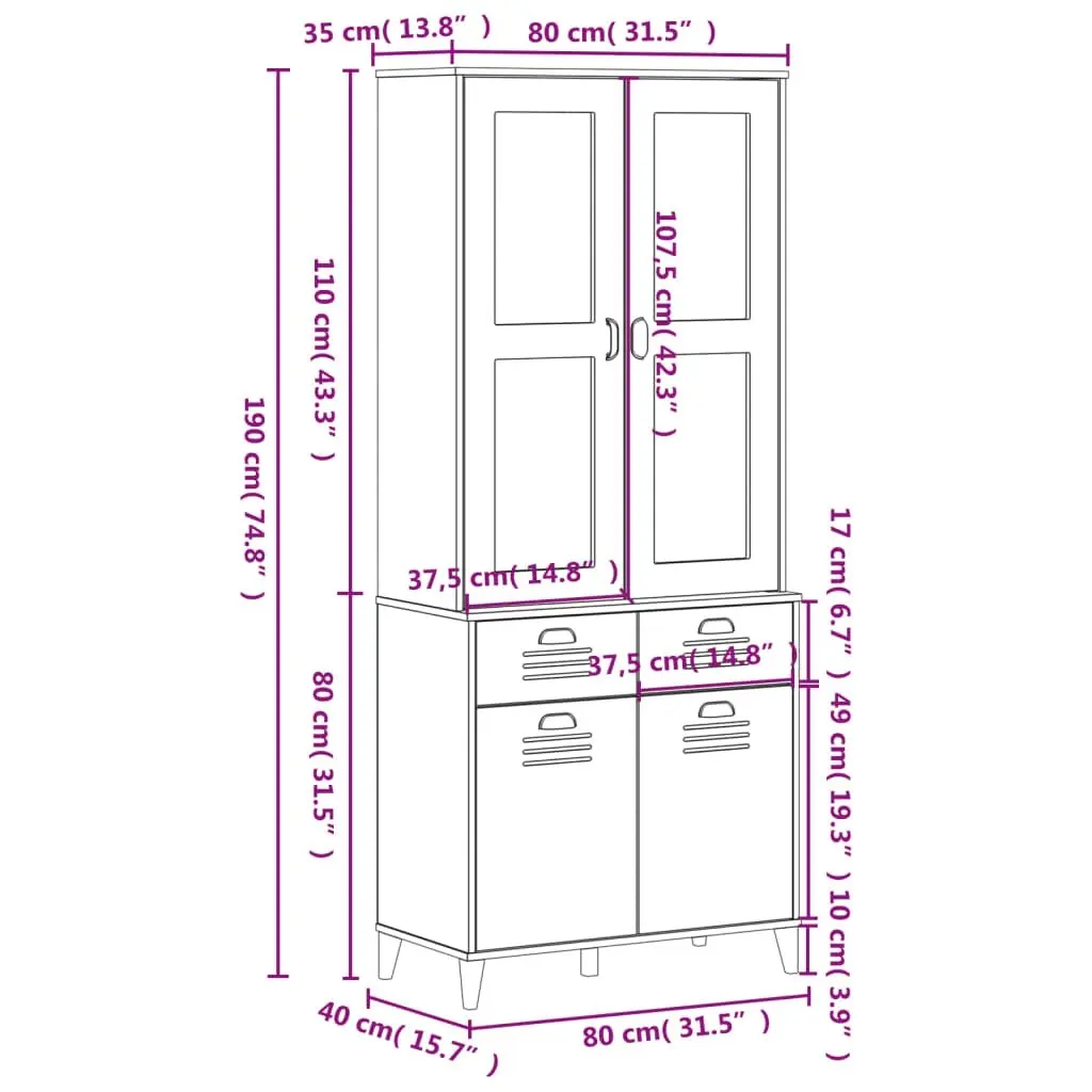 Highboard VIKEN Black 80x40x190 cm Solid Wood Pine 3207148