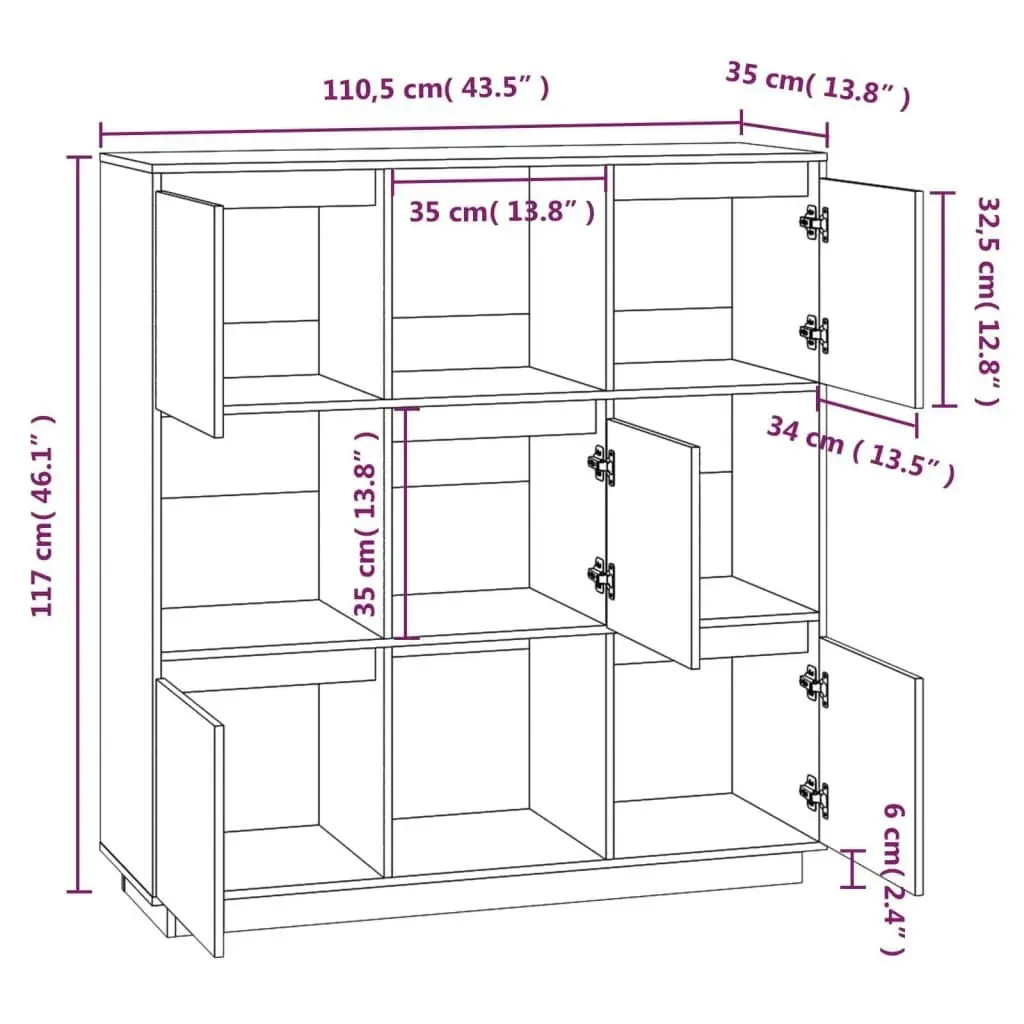 Highboard Honey Brown 110.5x35x117 cm Solid Wood Pine 814372