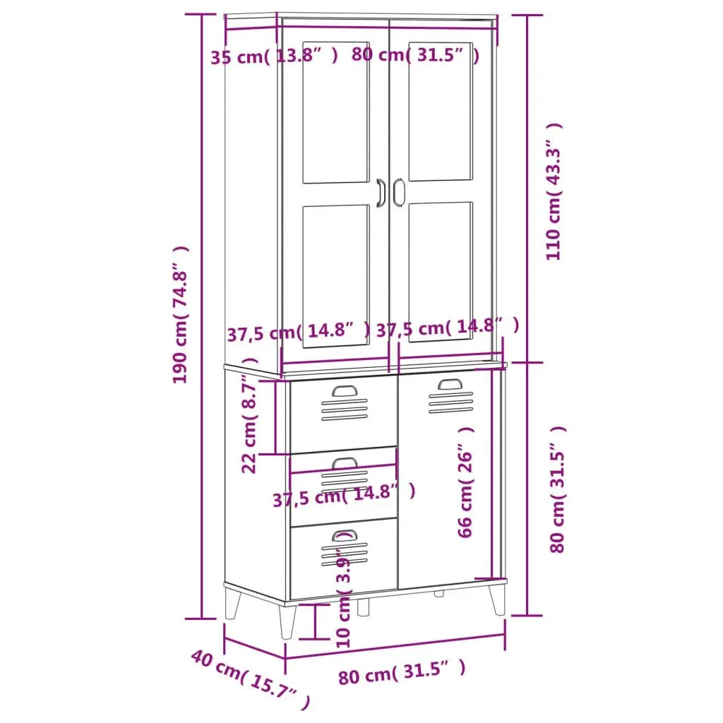 Highboard VIKEN Black 80x40x190 cm Solid Wood Pine 3207145