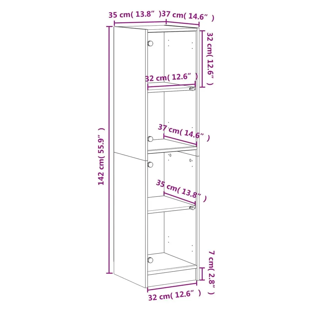 Highboard with Glass Doors White 35x37x142 cm 836434