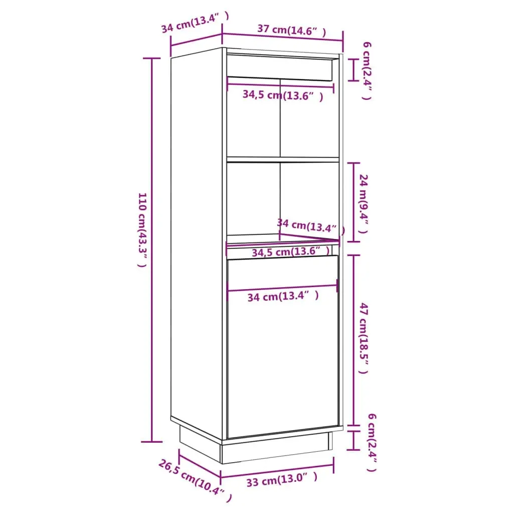 Highboard White 37x34x110 cm Solid Wood Pine 813516