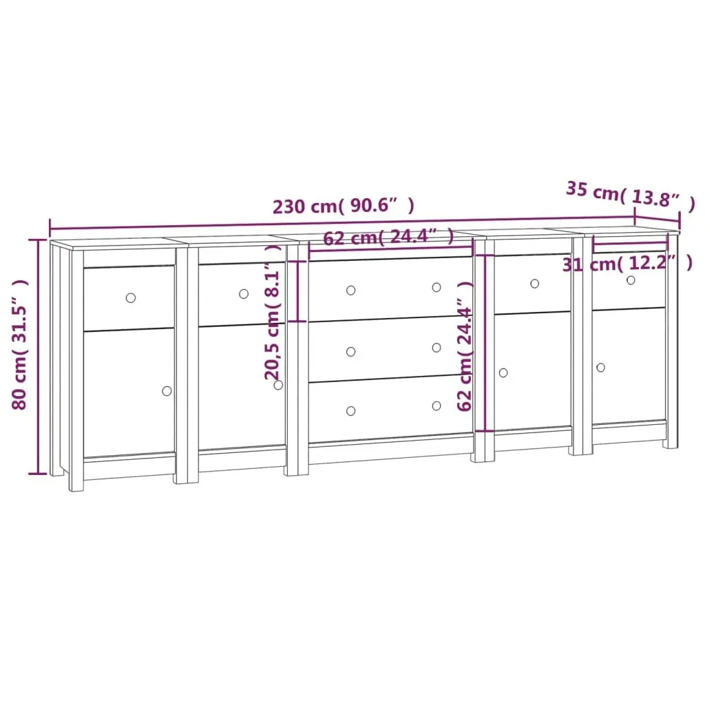 Sideboard 230x35x80 cm Solid Wood Pine 3114094