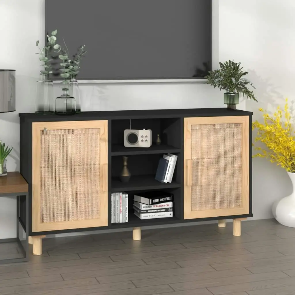 Sideboard Black 105x30x60 cm Solid Wood Pine and Natural Rattan 345640