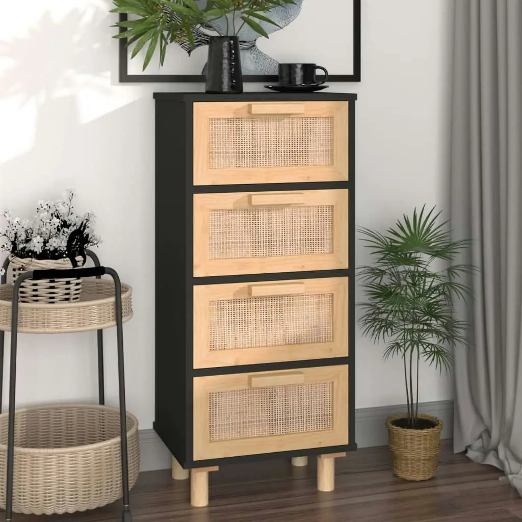 Sideboard Black 40x30x90 cm Solid Wood Pine and Natural Rattan 345643