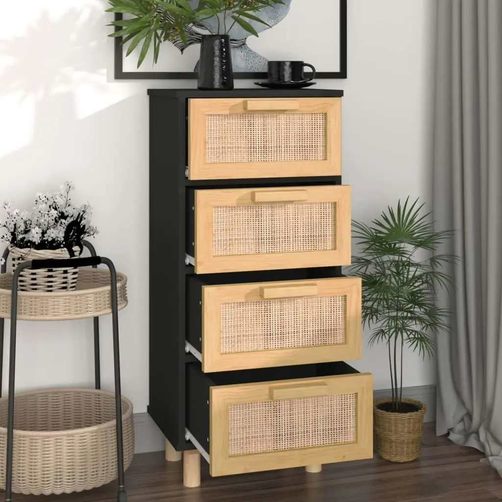 Sideboard Black 40x30x90 cm Solid Wood Pine and Natural Rattan 345643