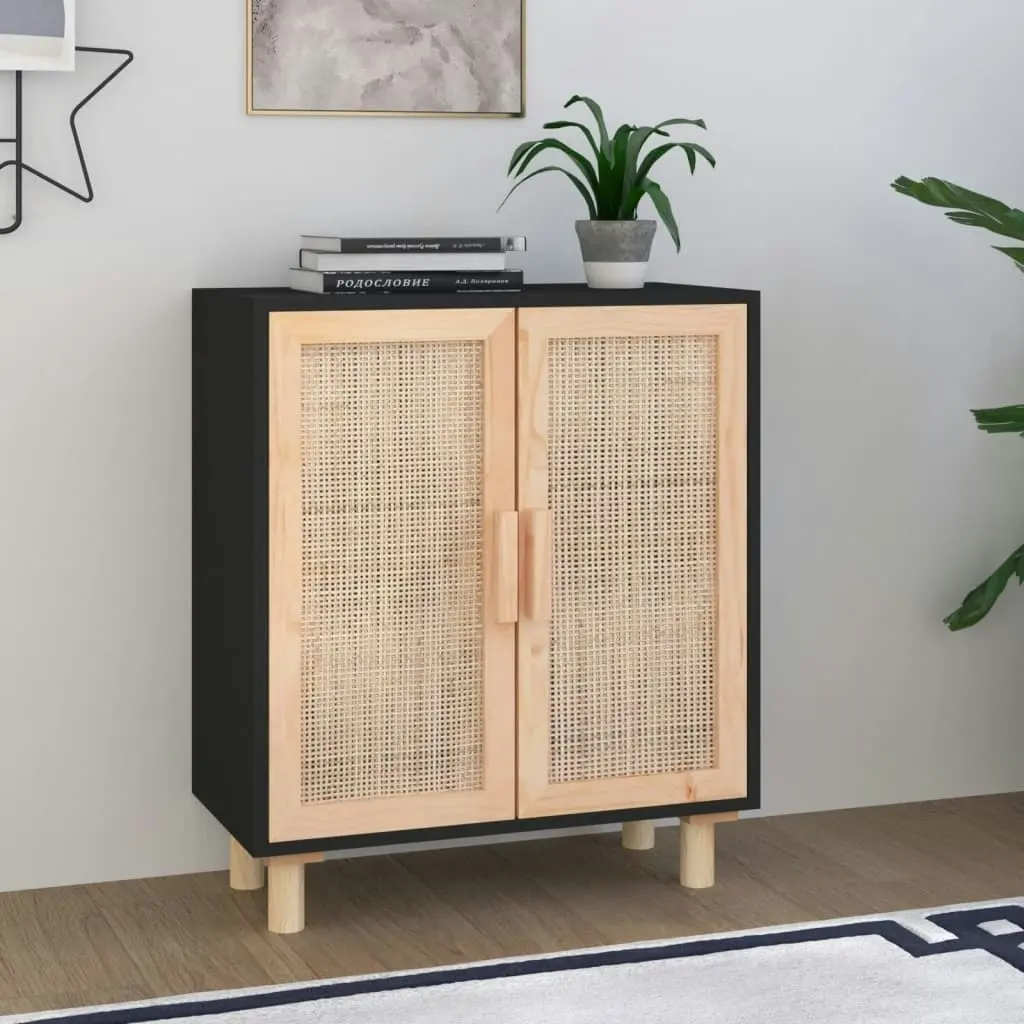 Sideboard Black 60x30x70 cm Solid Wood Pine and Natural Rattan 345631