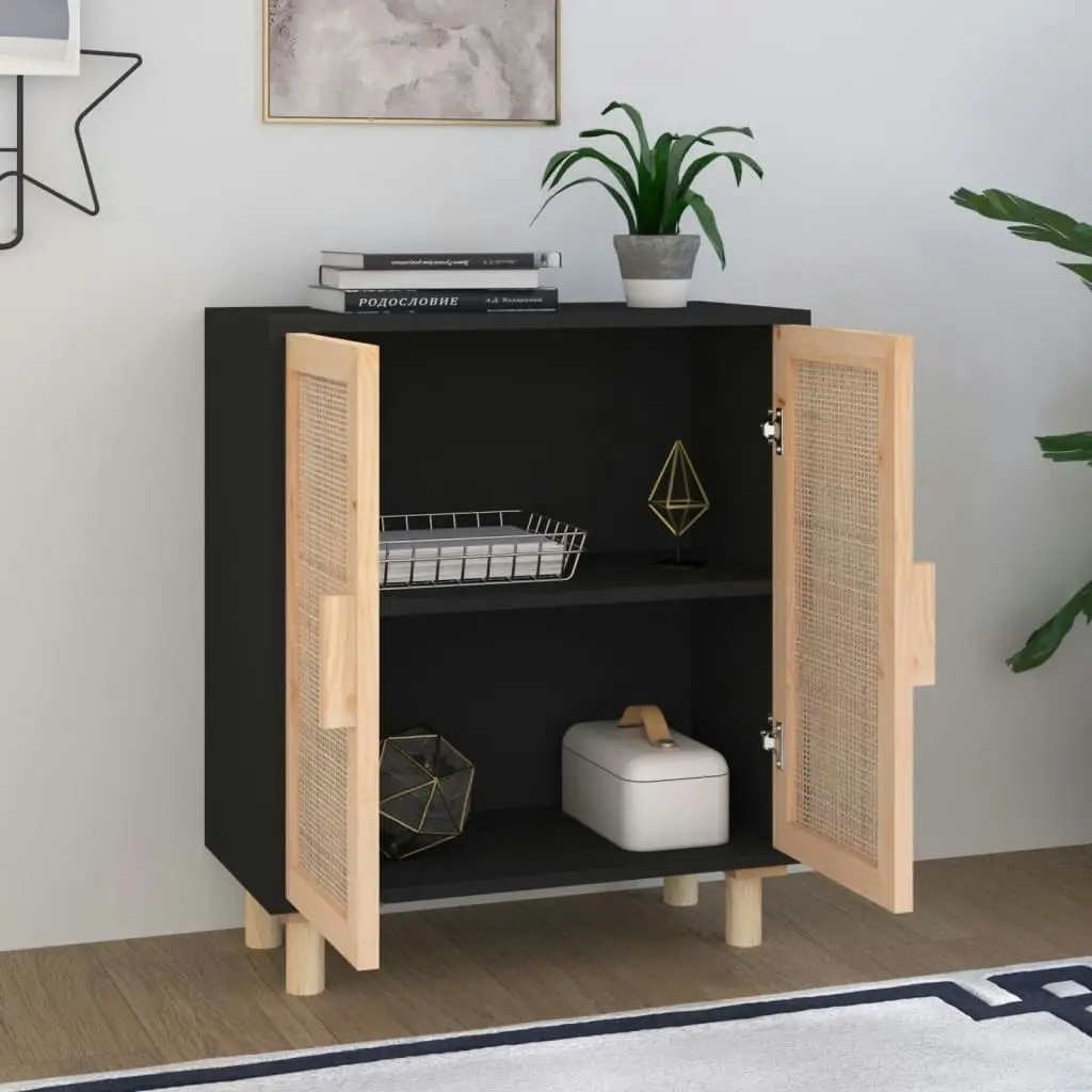 Sideboard Black 60x30x70 cm Solid Wood Pine and Natural Rattan 345631