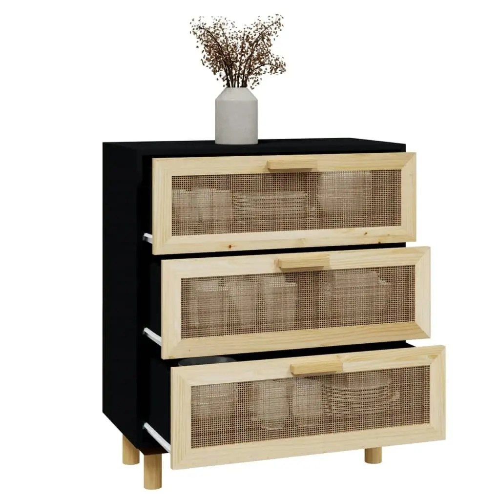 Sideboard Black 60x30x70 cm Solid Wood Pine and Natural Rattan 345634