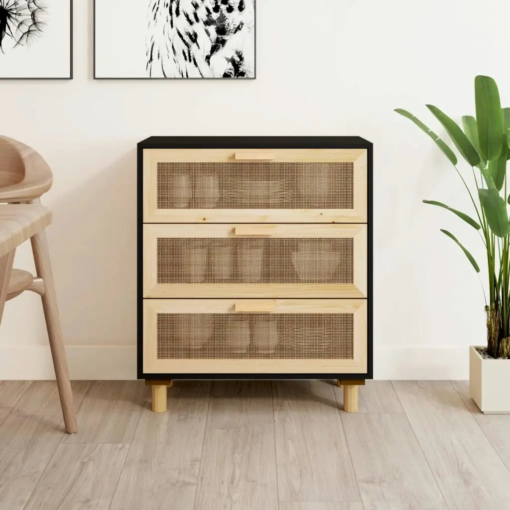 Sideboard Black 60x30x70 cm Solid Wood Pine and Natural Rattan 345634