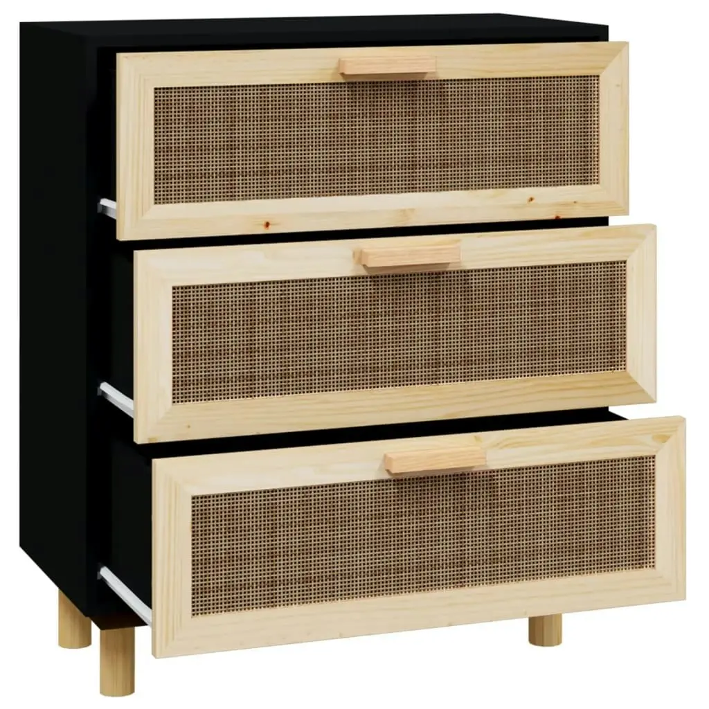 Sideboard Black 60x30x70 cm Solid Wood Pine and Natural Rattan 345634