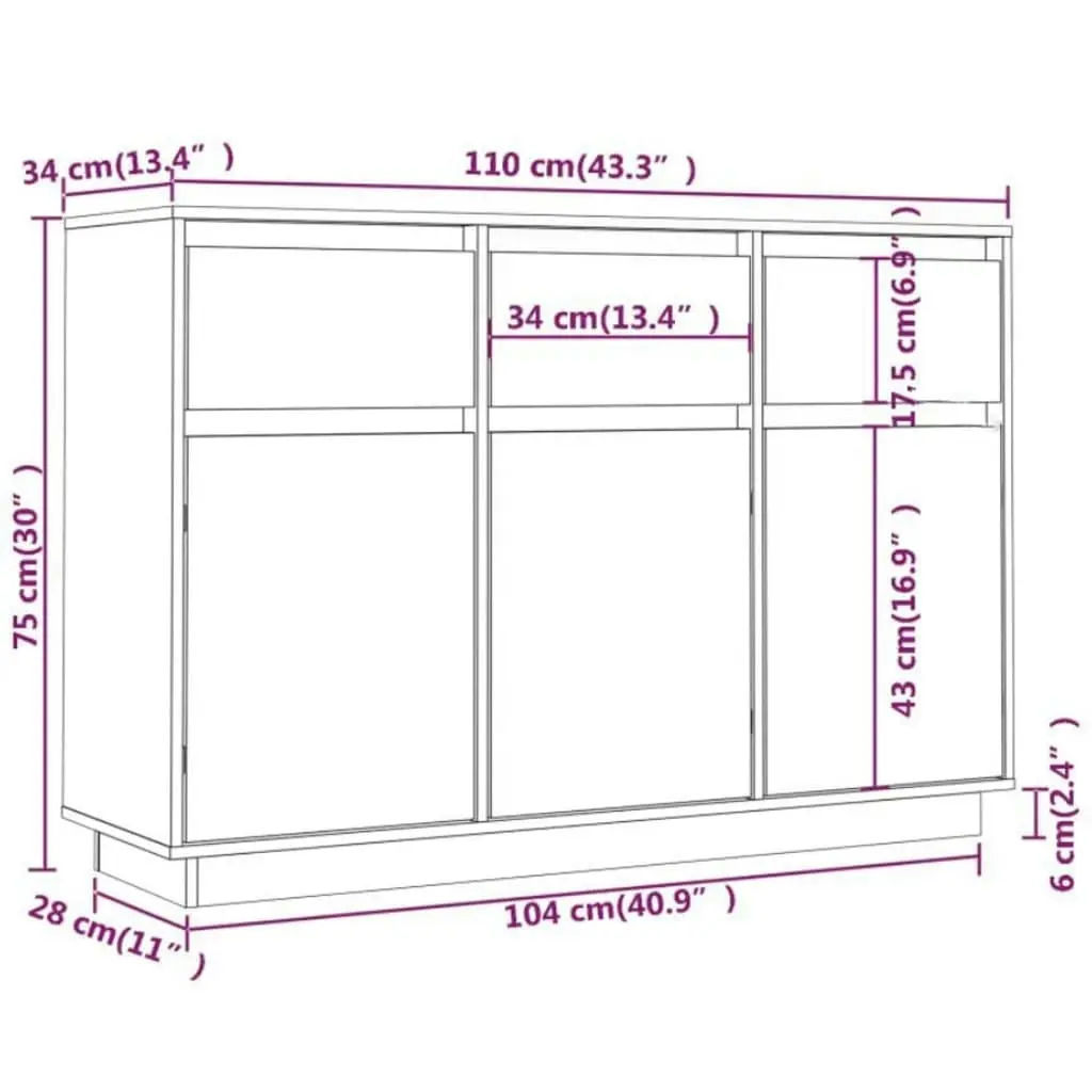 Sideboard White 110x34x75 cm Solid Wood Pine 813815