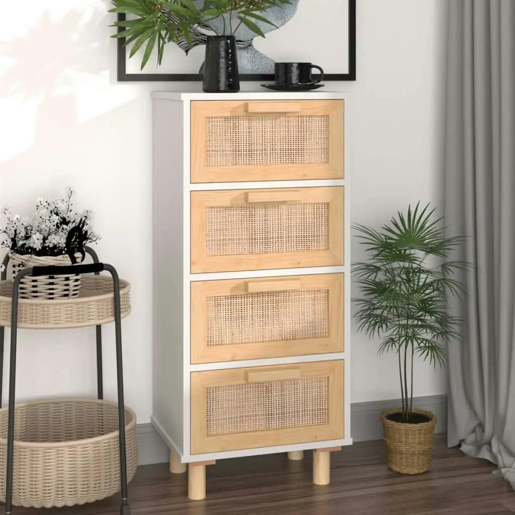 Sideboard White 40x30x90 cm Solid Wood Pine and Natural Rattan 345642