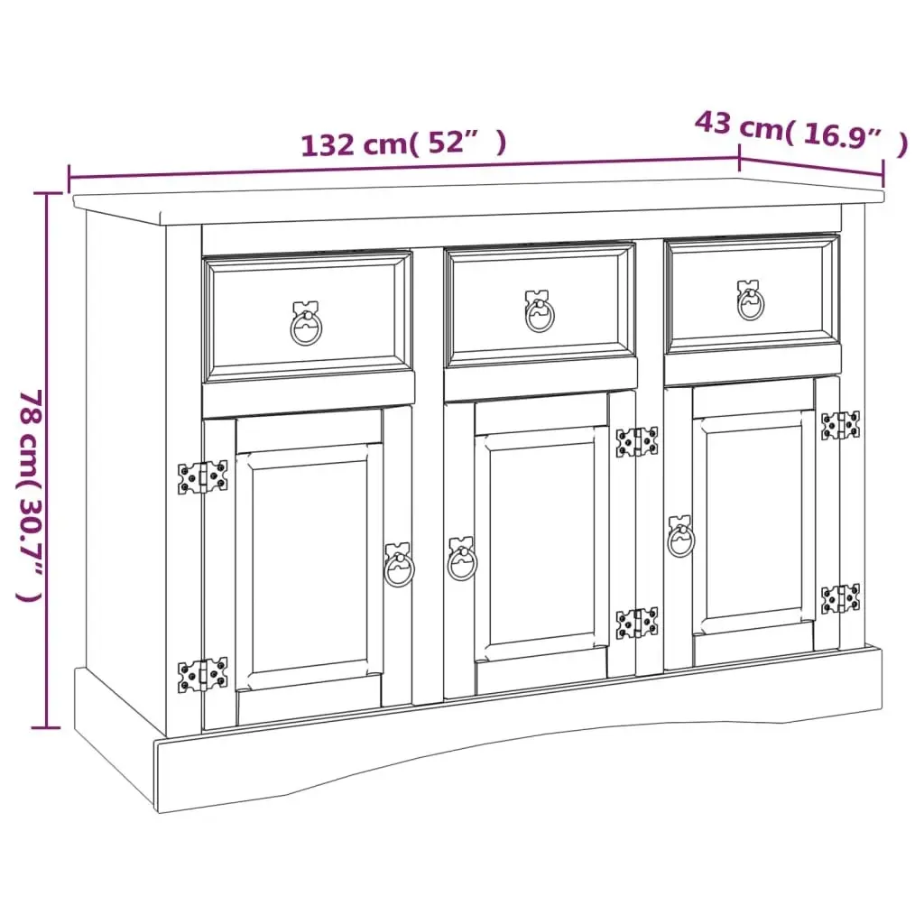 Sideboard Solid Mexican Pinewood Corona Range 132x43x78 cm 243742