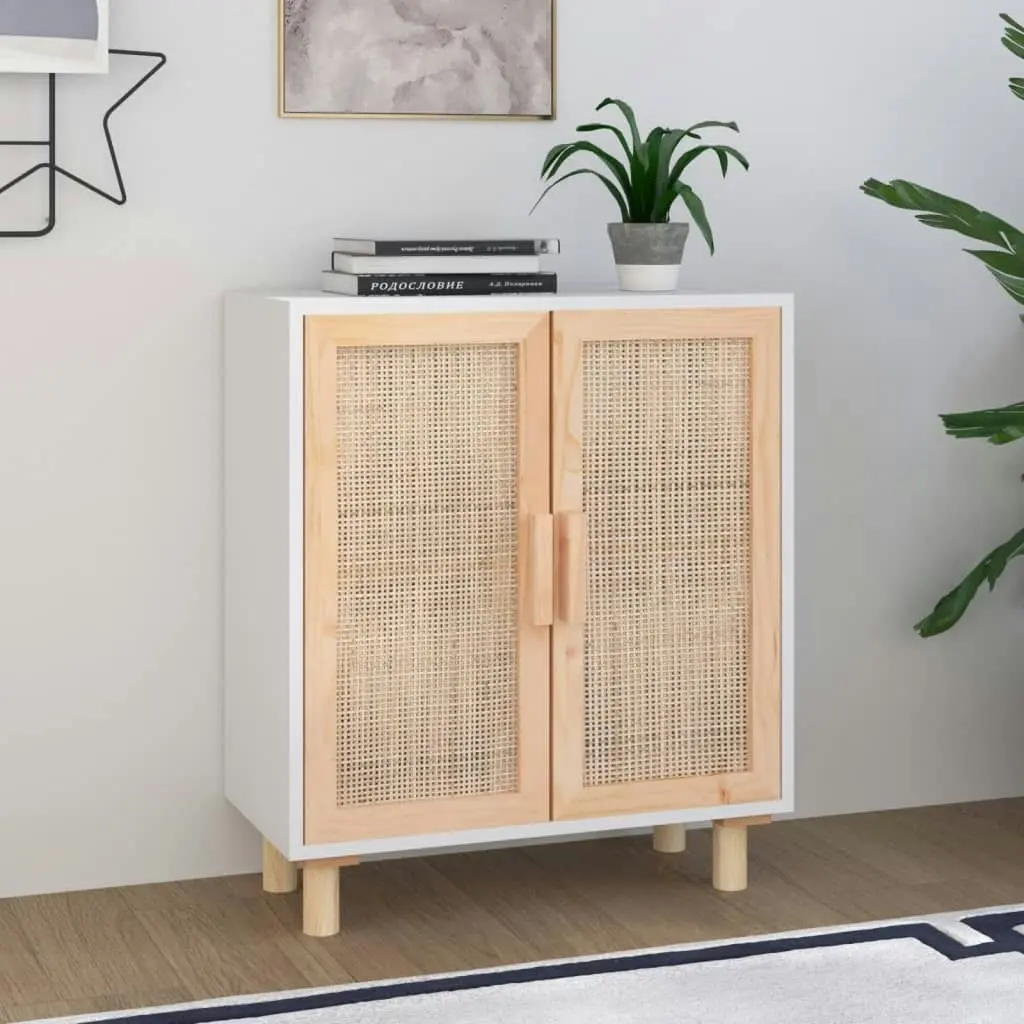 Sideboard White 60x30x70 cm Solid Wood Pine and Natural Rattan 345630