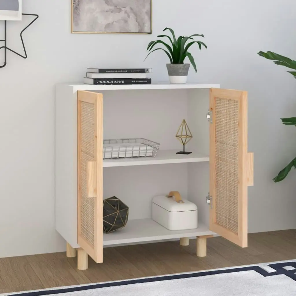 Sideboard White 60x30x70 cm Solid Wood Pine and Natural Rattan 345630