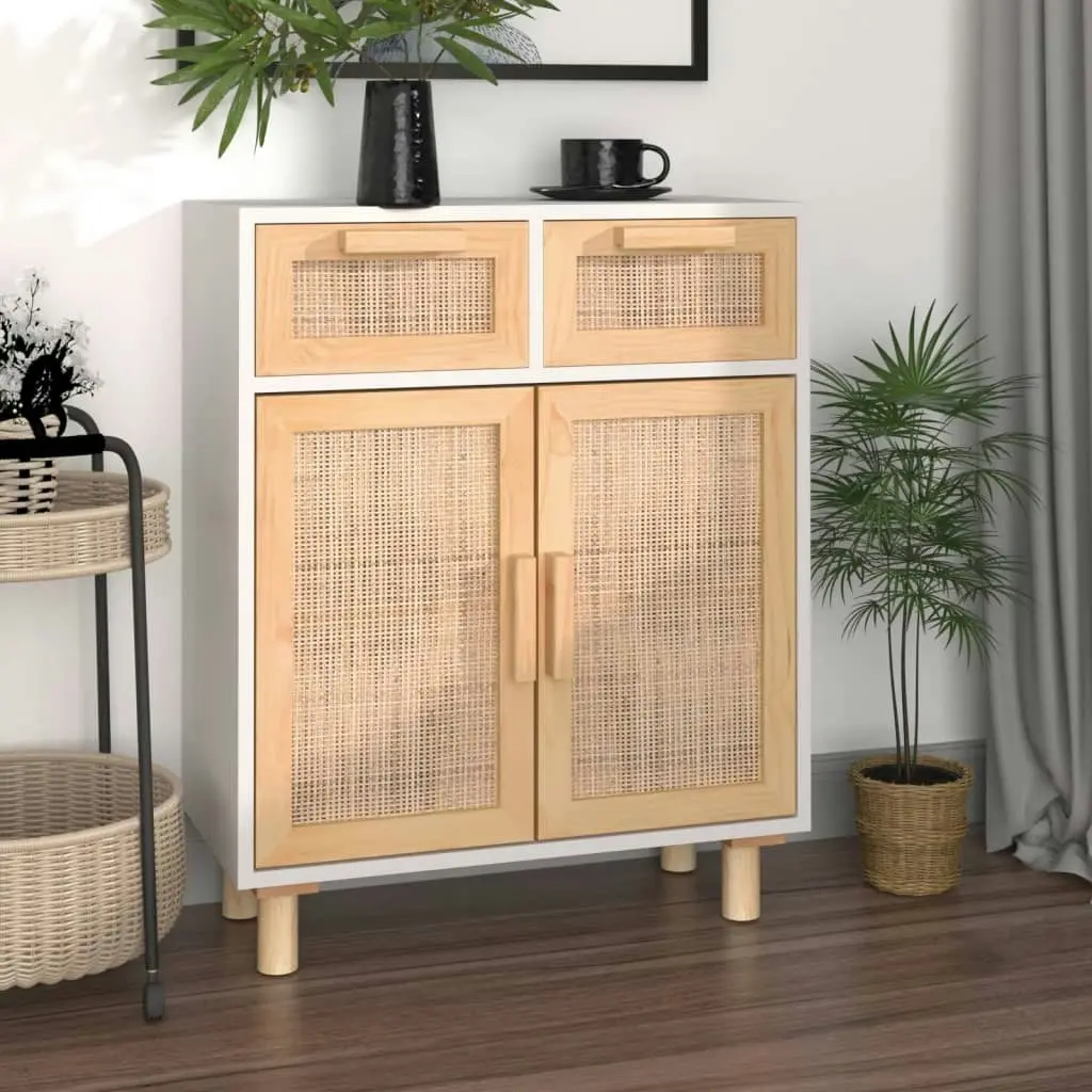 Sideboard White 60x30x75 cm Solid Wood Pine and Natural Rattan 345636