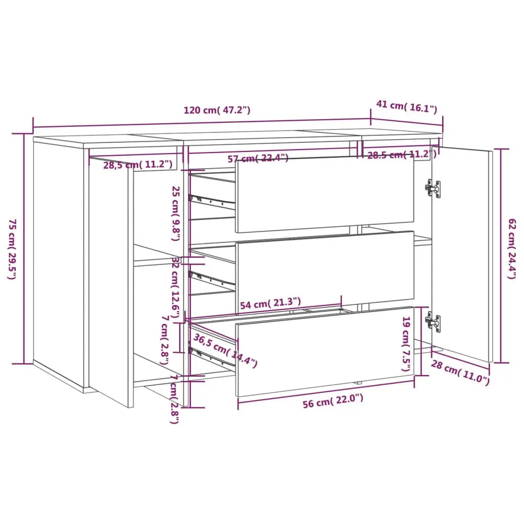 Sideboard with 3 Drawers Black 120x41x75 cm Engineered Wood 809612