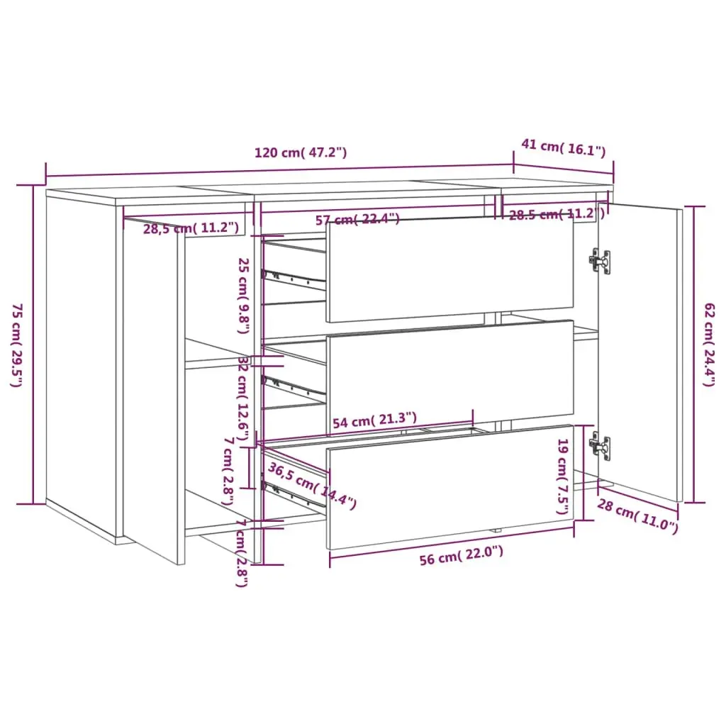 Sideboard with 3 Drawers High Gloss White 120x41x75 cm Engineered Wood 809617