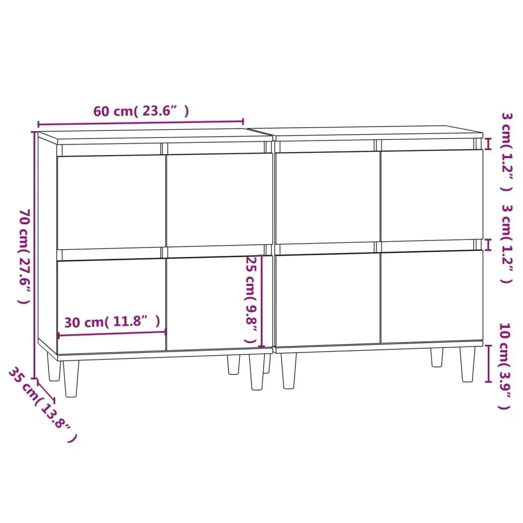 Sideboards 2 pcs High Gloss White 60x35x70 cm Engineered Wood 3185753