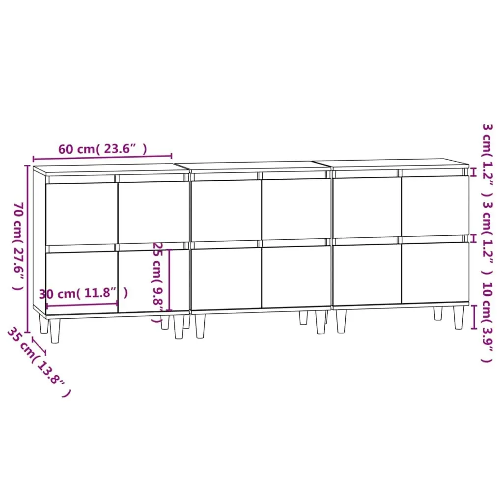 Sideboards 3 pcs High Gloss White 60x35x70 cm Engineered Wood 3185769