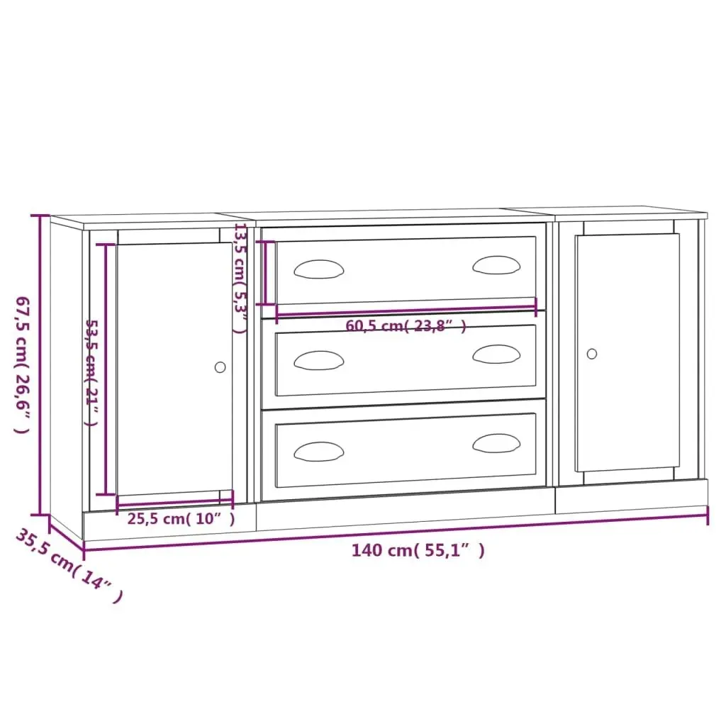 Sideboards 3 pcs High Gloss White Engineered Wood 3185249