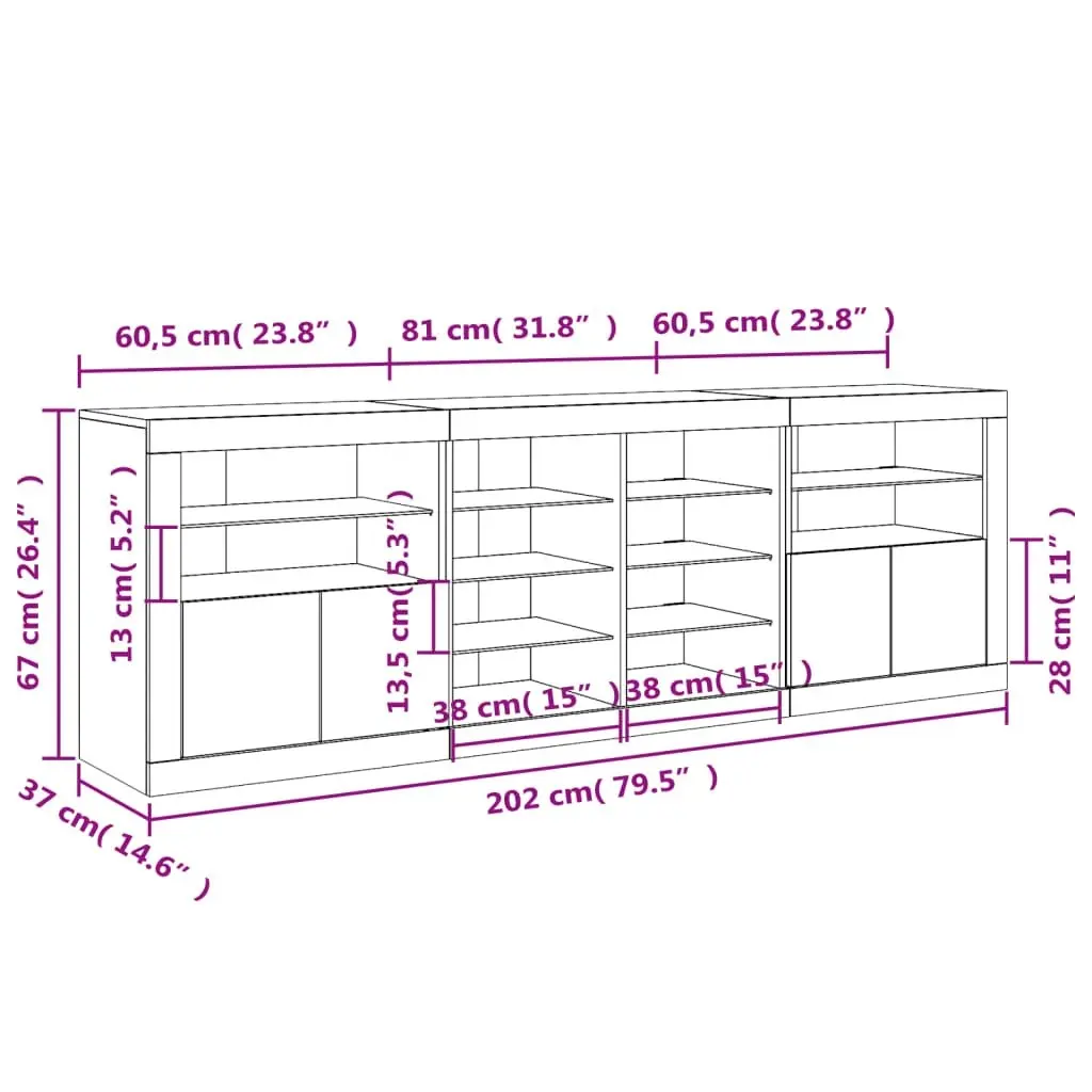 Sideboard with LED Lights White 202x37x67 cm 3209044