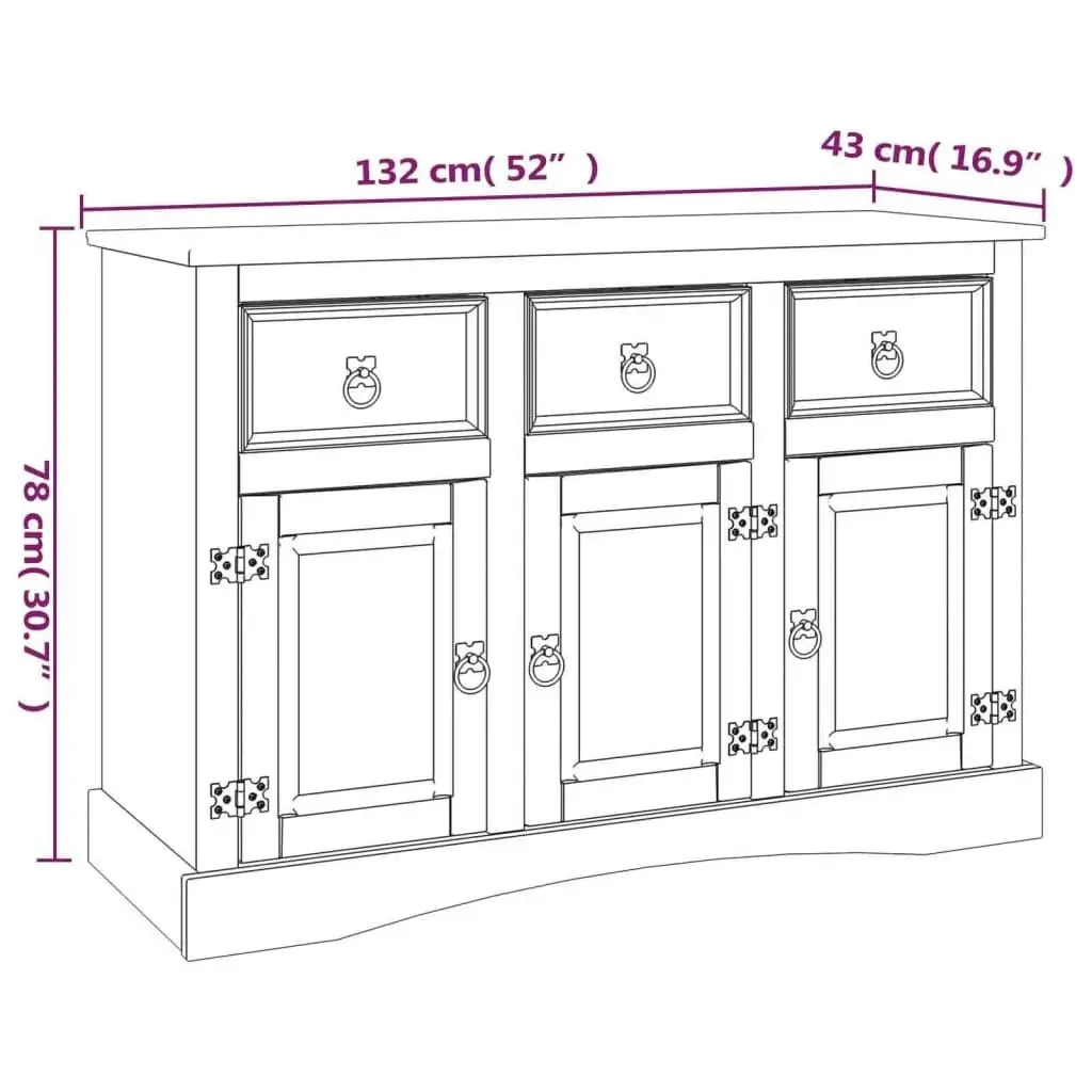 Sideboard Solid Mexican Pinewood Corona Range White 132x43x78 cm 282634