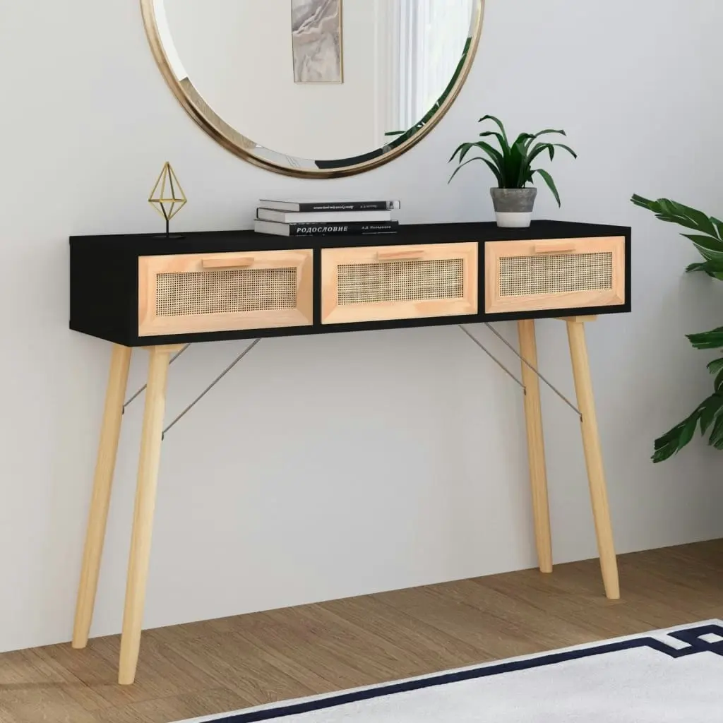 Console Table Black 105x30x75 cm Solid Wood Pine&Natural Rattan 345628