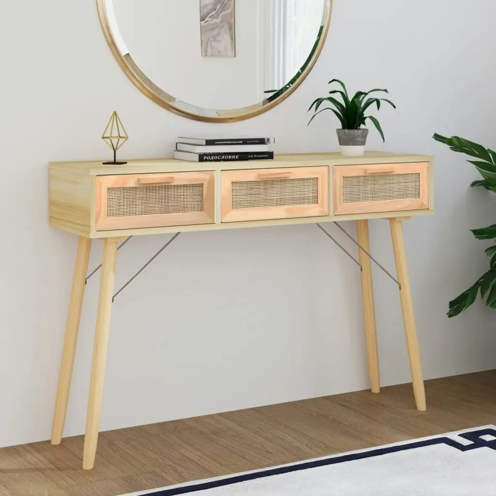 Console Table Brown 105x30x75 cm Solid Wood Pine&Natural Rattan 345629