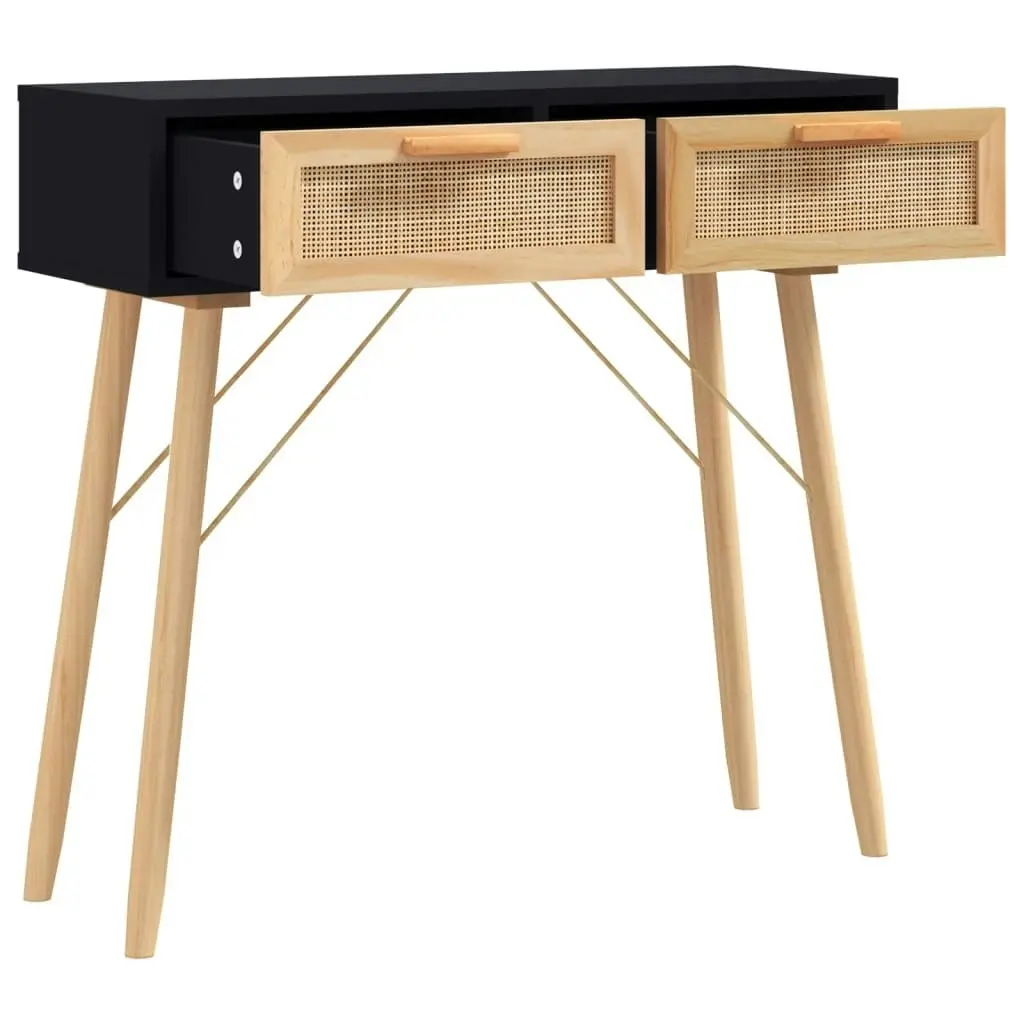 Console Table Black 80x30x75 cm Solid Wood Pine&Natural Rattan 345625