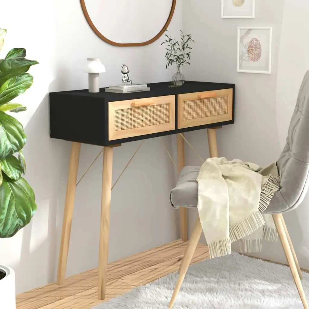 Console Table Black 80x30x75 cm Solid Wood Pine&Natural Rattan 345625