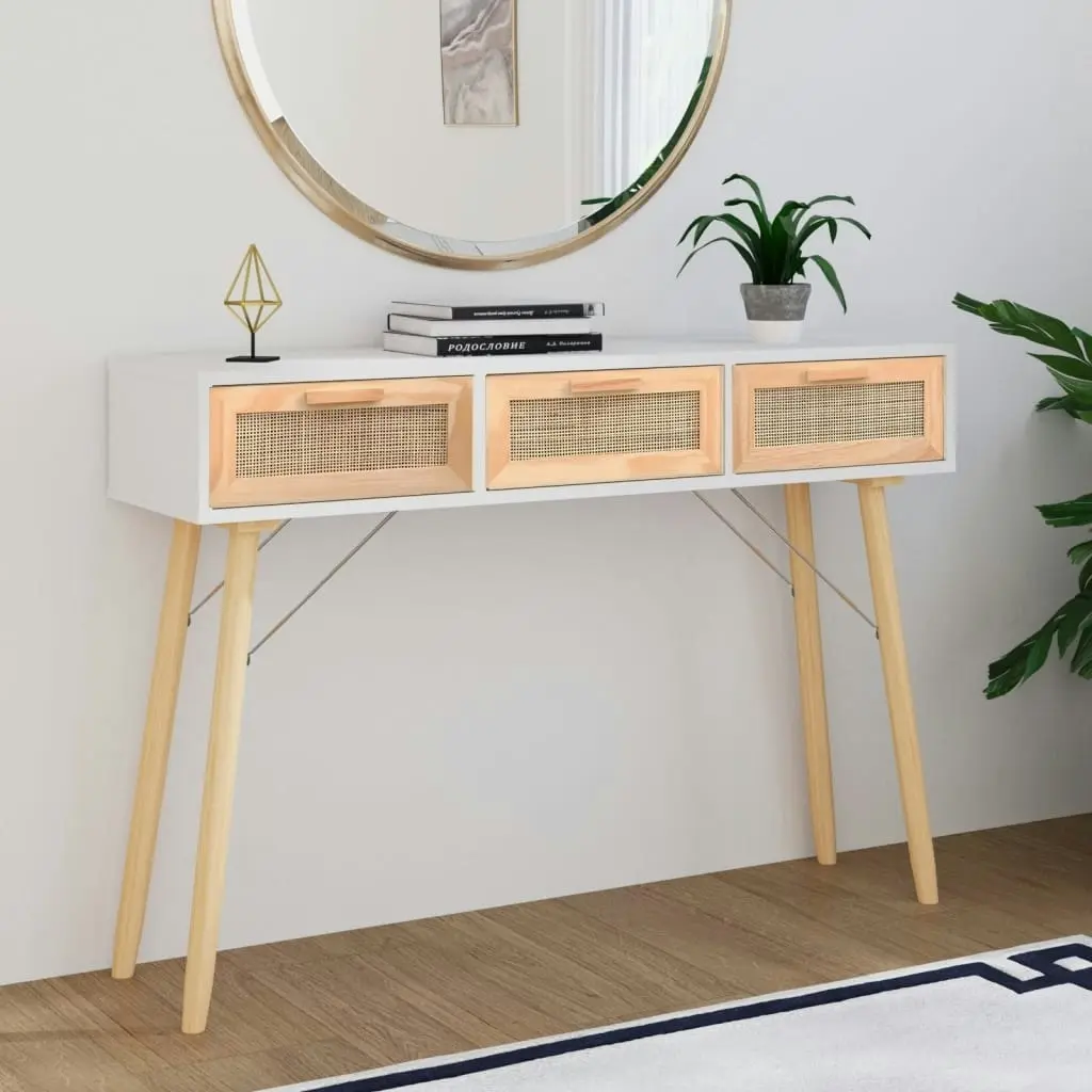 Console Table White 105x30x75 cm Solid Wood Pine&Natural Rattan 345627