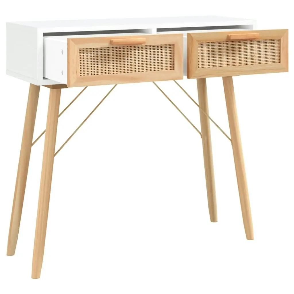 Console Table White 80x30x75 cm Solid Wood Pine&Natural Rattan 345624