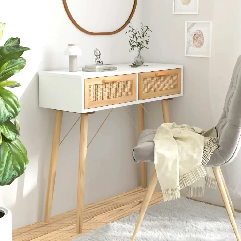 Console Table White 80x30x75 cm Solid Wood Pine&Natural Rattan 345624