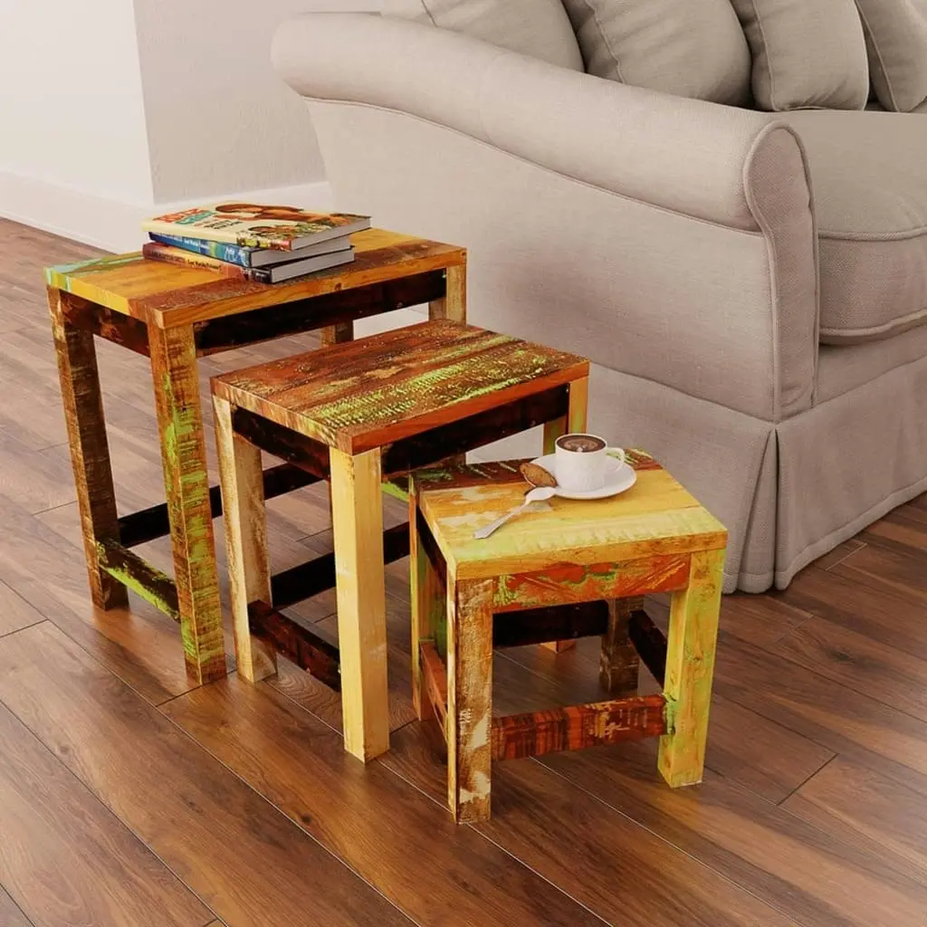 Nesting Table Set 3 Pieces Vintage Reclaimed Wood 241093