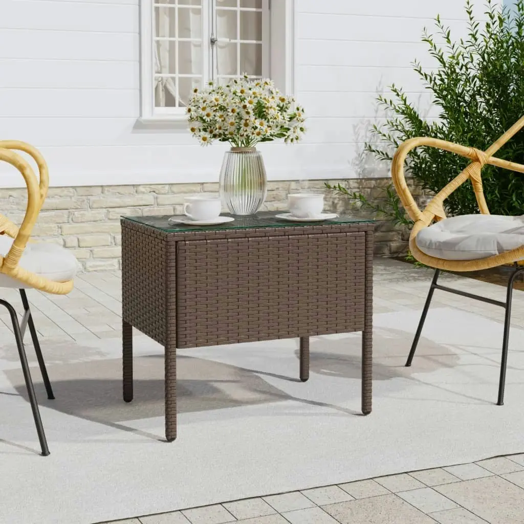 Side Table Brown 53x37x48 cm Poly Rattan and Tempered Glass 319401