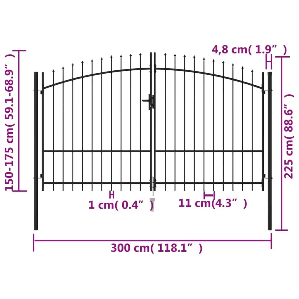 Fence Gate Double Door with Spike Top Steel 3x1.75 m Black 145737