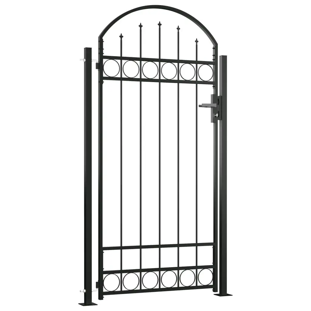 Fence Gate with Arched Top and 2 Posts 105x204 cm Black 145751