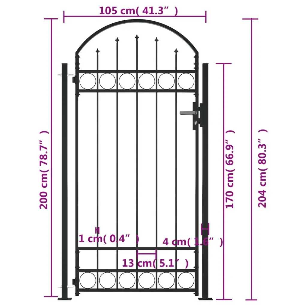 Fence Gate with Arched Top and 2 Posts 105x204 cm Black 145751