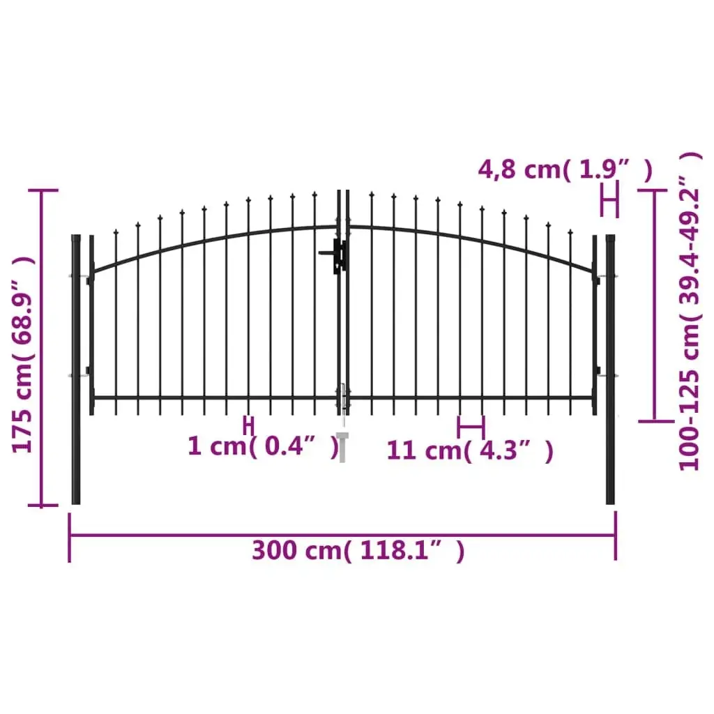 Fence Gate Double Door with Spike Top Steel 3x1.25 m Black 146027