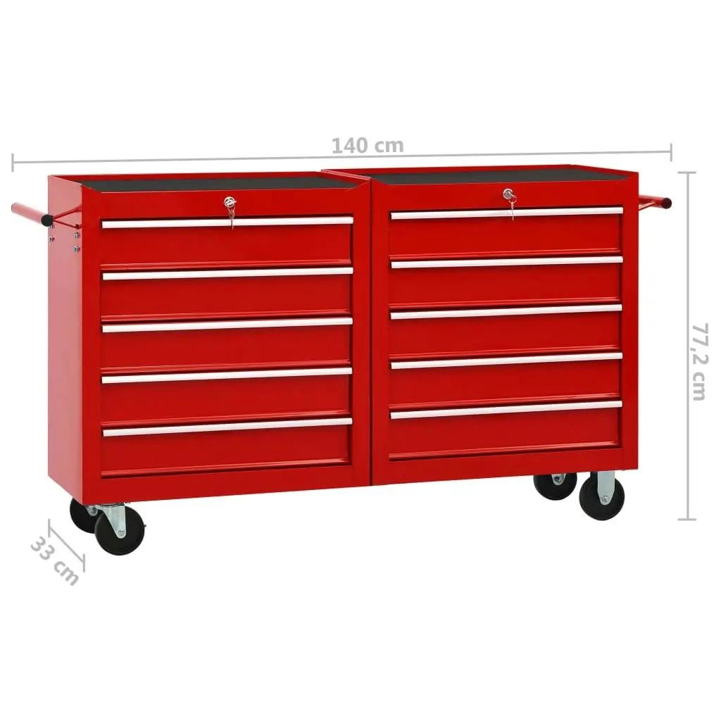 Tool Trolley with 10 Drawers Steel Red 3056731