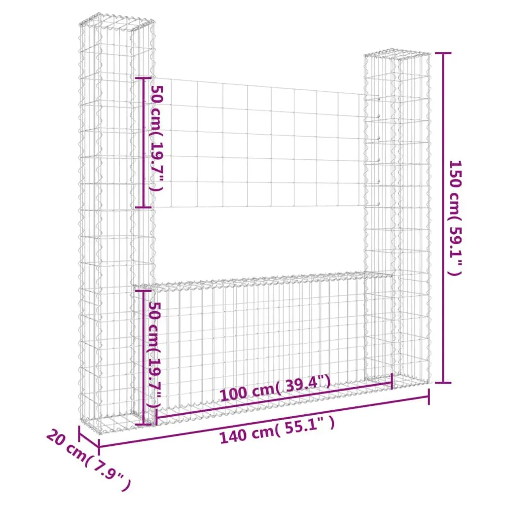 U-shape Gabion Basket with 2 Posts Iron 140x20x150 cm 151282