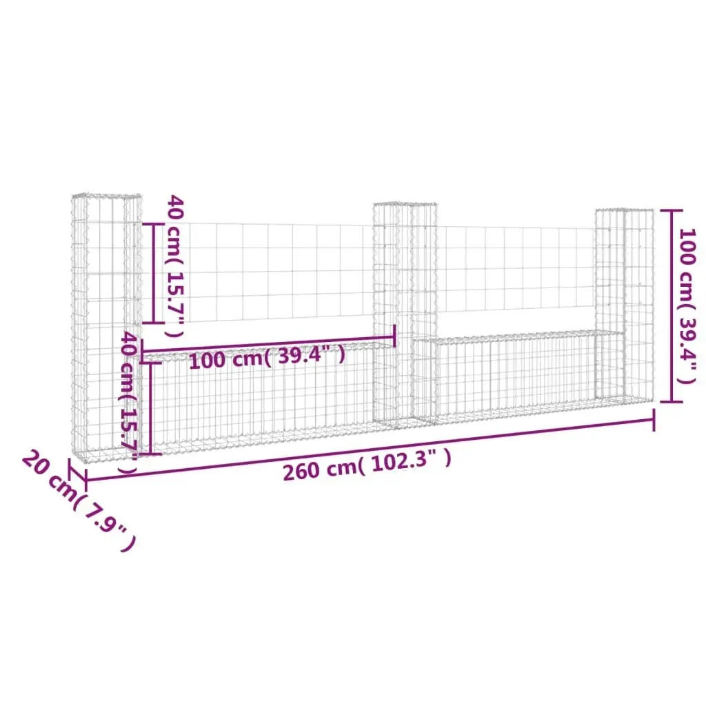 U-shape Gabion Basket with 3 Posts Iron 260x20x100 cm 151276