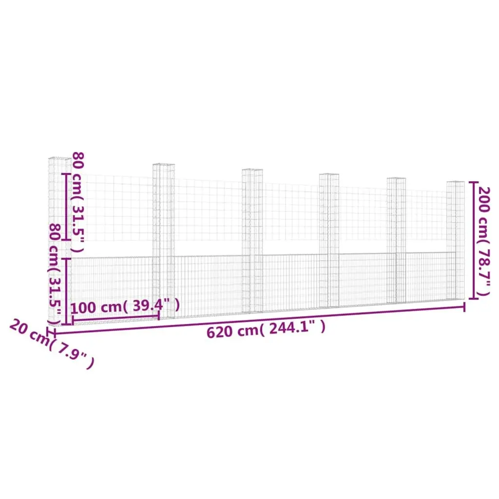 U-shape Gabion Basket with 6 Posts Iron 620x20x200 cm 151293