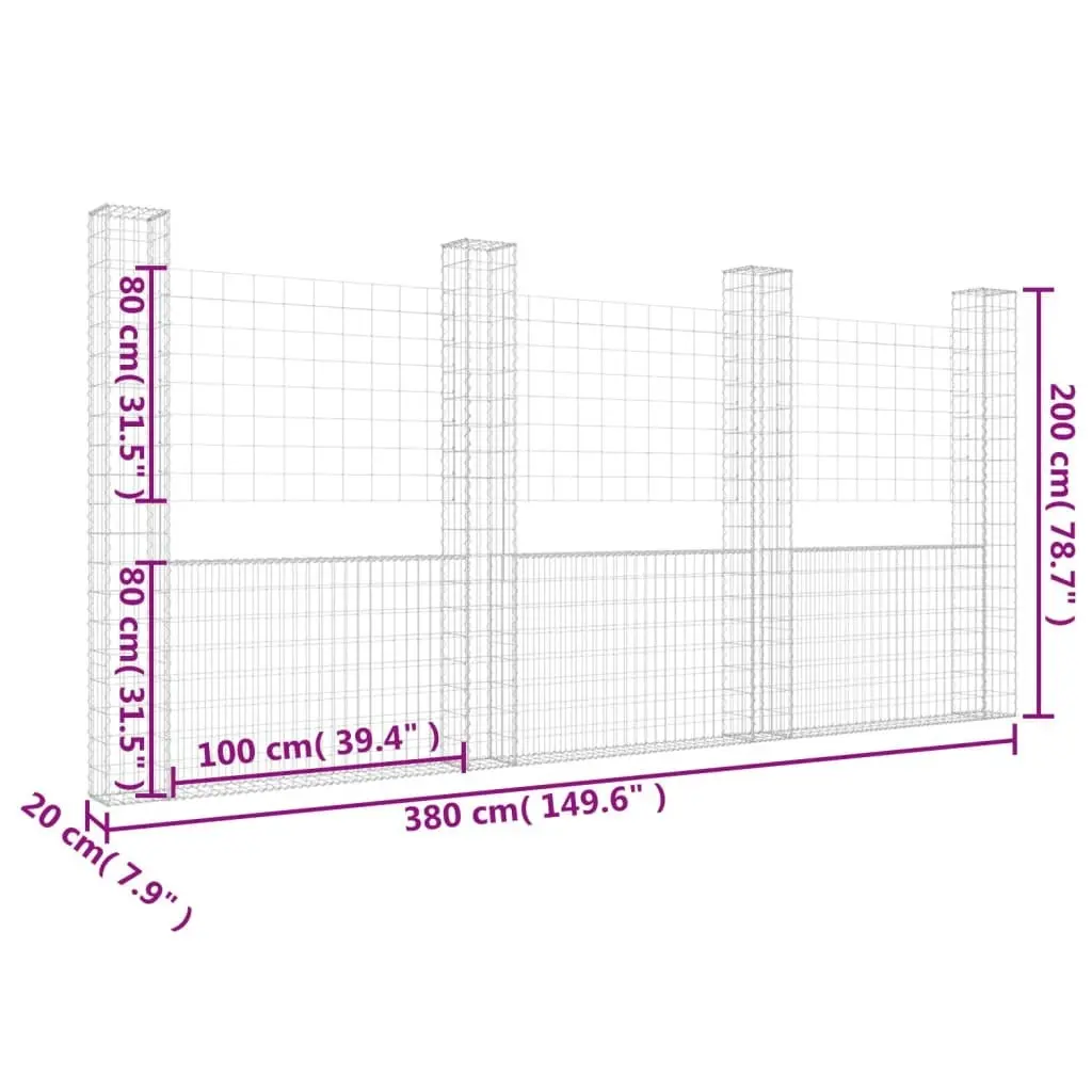 U-shape Gabion Basket with 4 Posts Iron 380x20x200 cm 151291